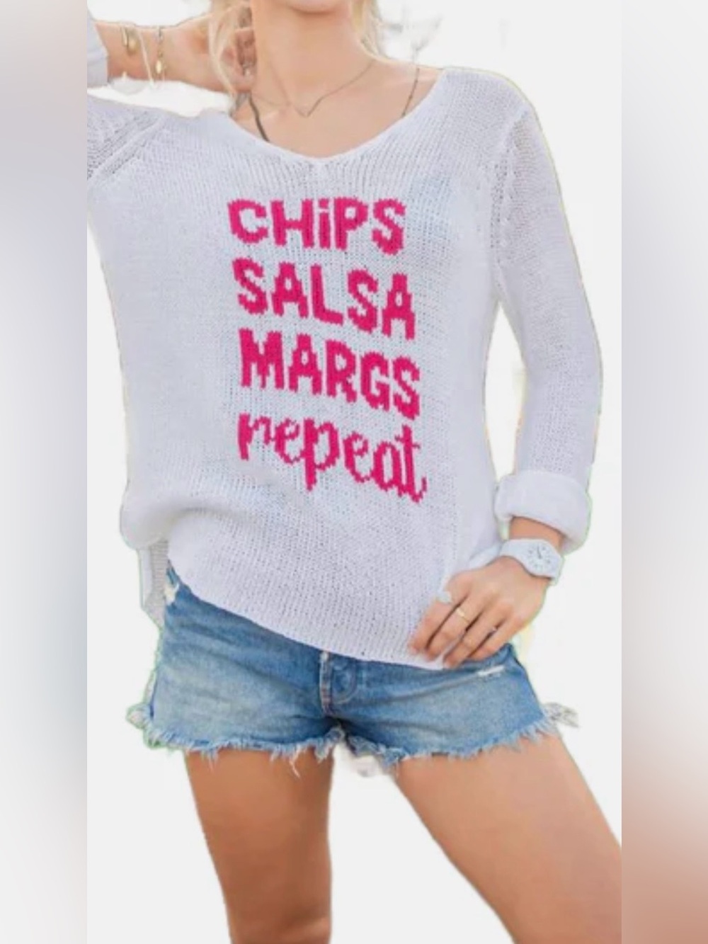 Wooden Ships Chips Salsa Margs Repeat Knit Sweater White/Rose S/M Coastal Beach